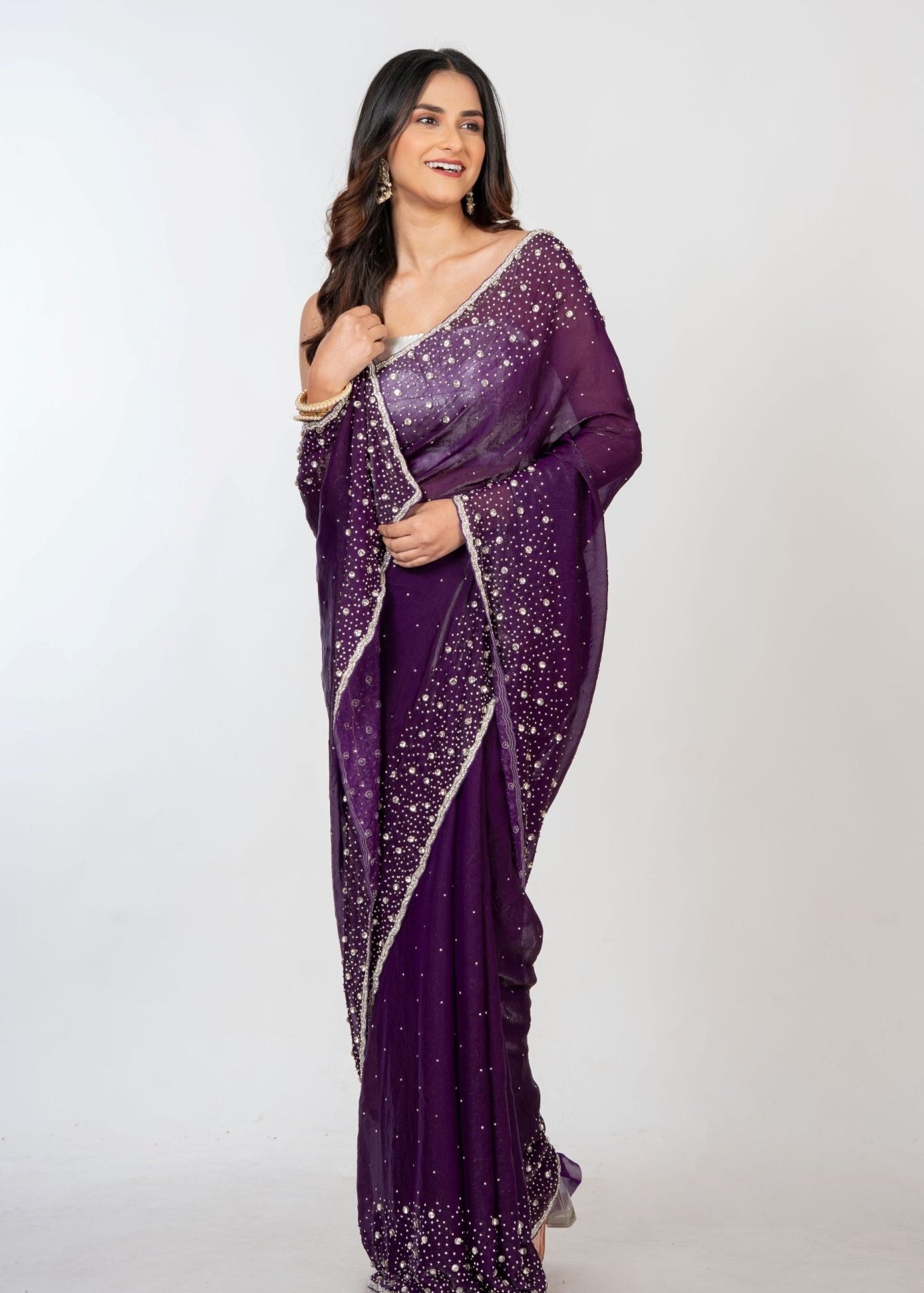 Purple Embroidered Designer Saree with Swarovski Work - Anvi Couture