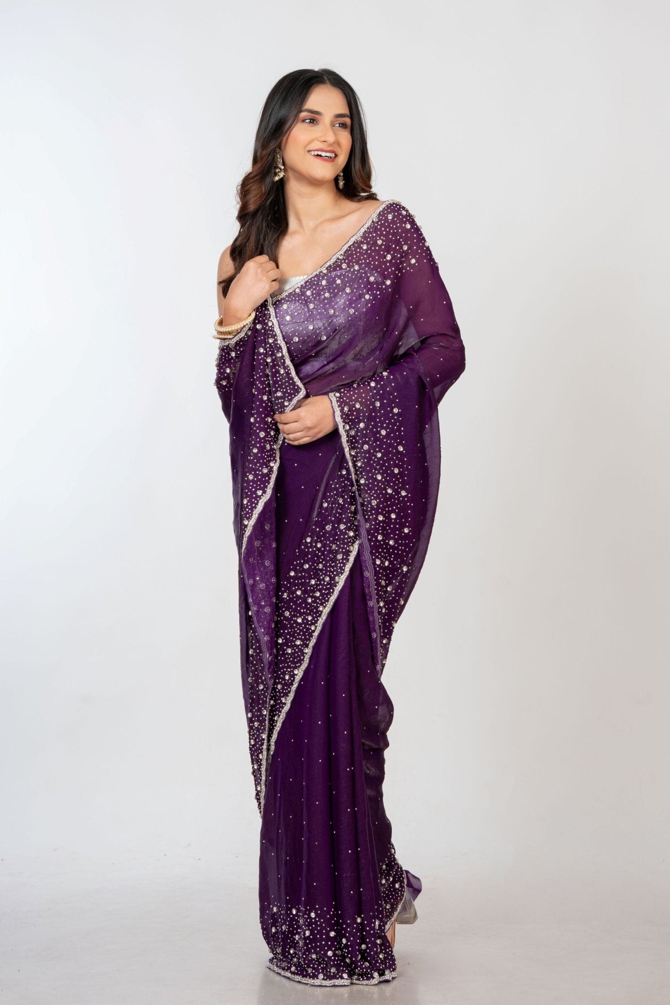 Purple Embroidered  Designer Saree with Swarovski Work Front