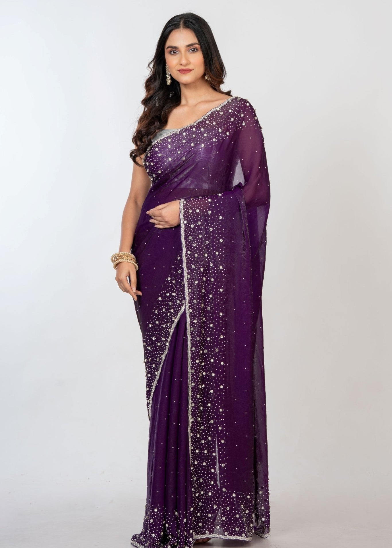 Purple Embroidered Designer Saree with Swarovski Work - Anvi Couture