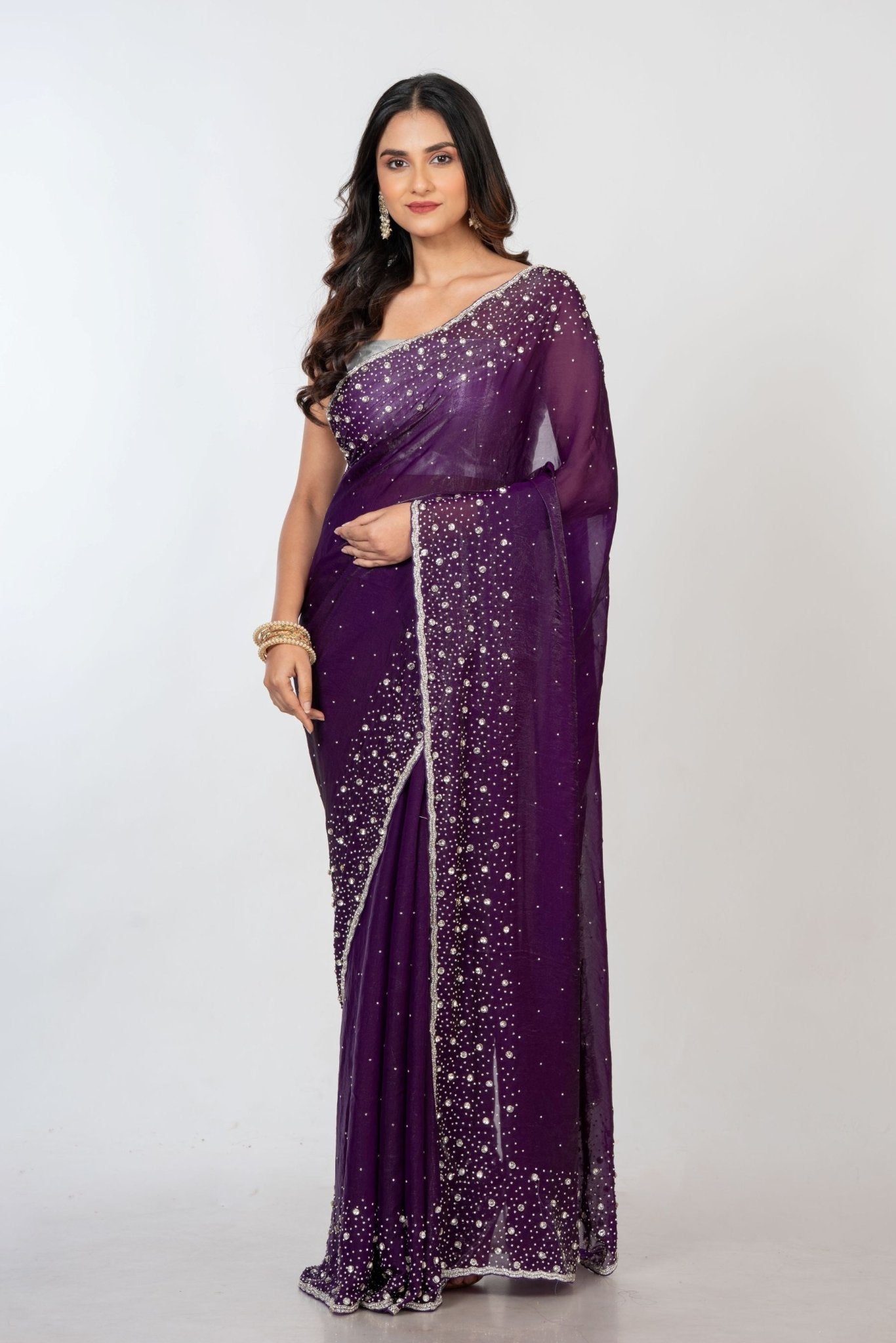 Purple Embroidered  Designer Saree with Swarovski Work Full
