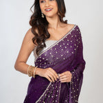 Purple Embroidered  Designer Saree with Swarovski Work Close up