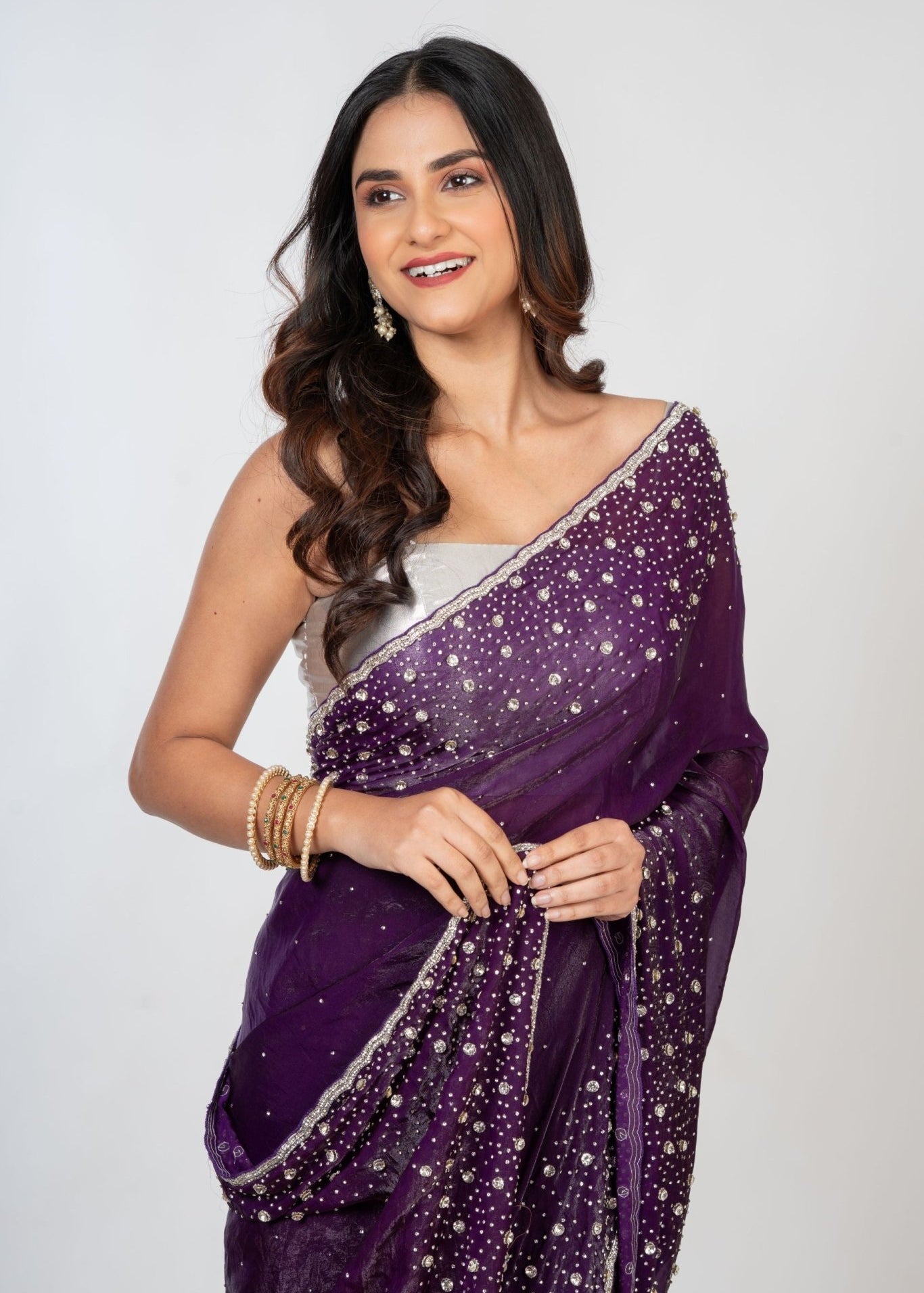 Purple Embroidered Designer Saree with Swarovski Work - Anvi Couture