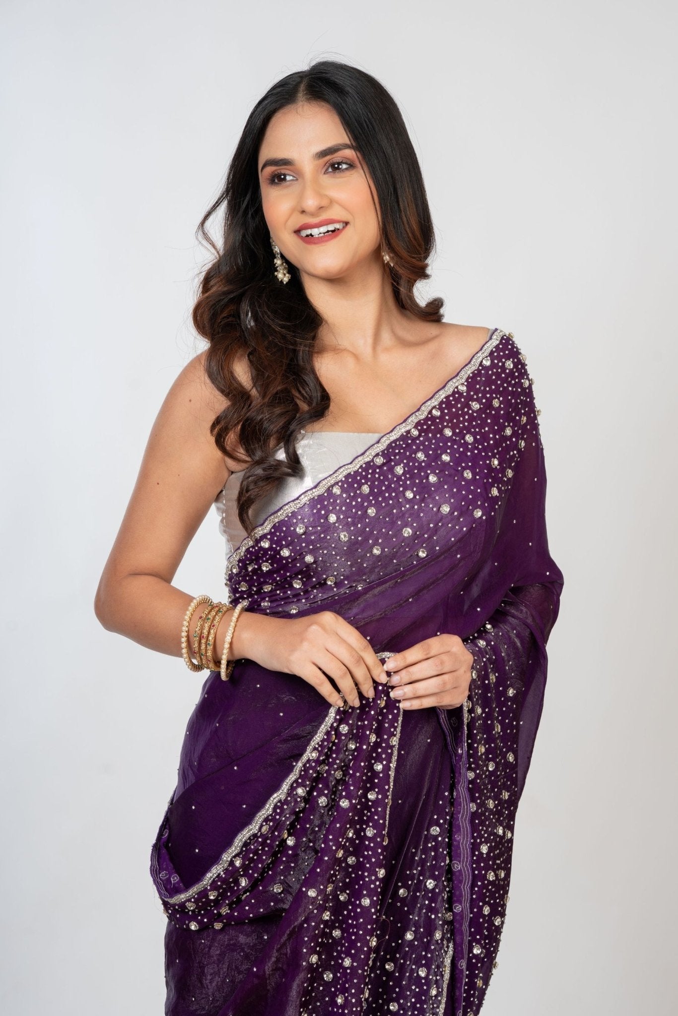 Purple Embroidered  Designer Saree with Swarovski Work Close up