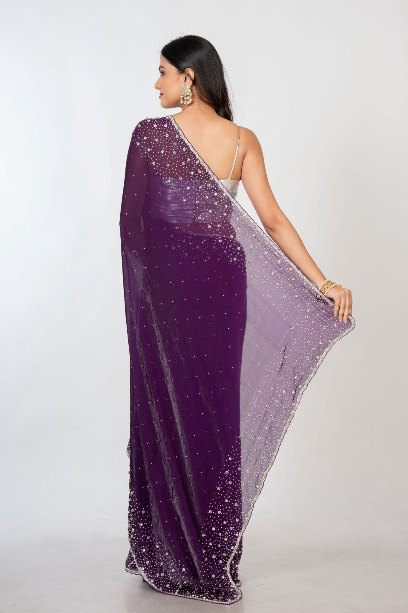 Purple Embroidered  Designer Saree with Swarovski Work Back