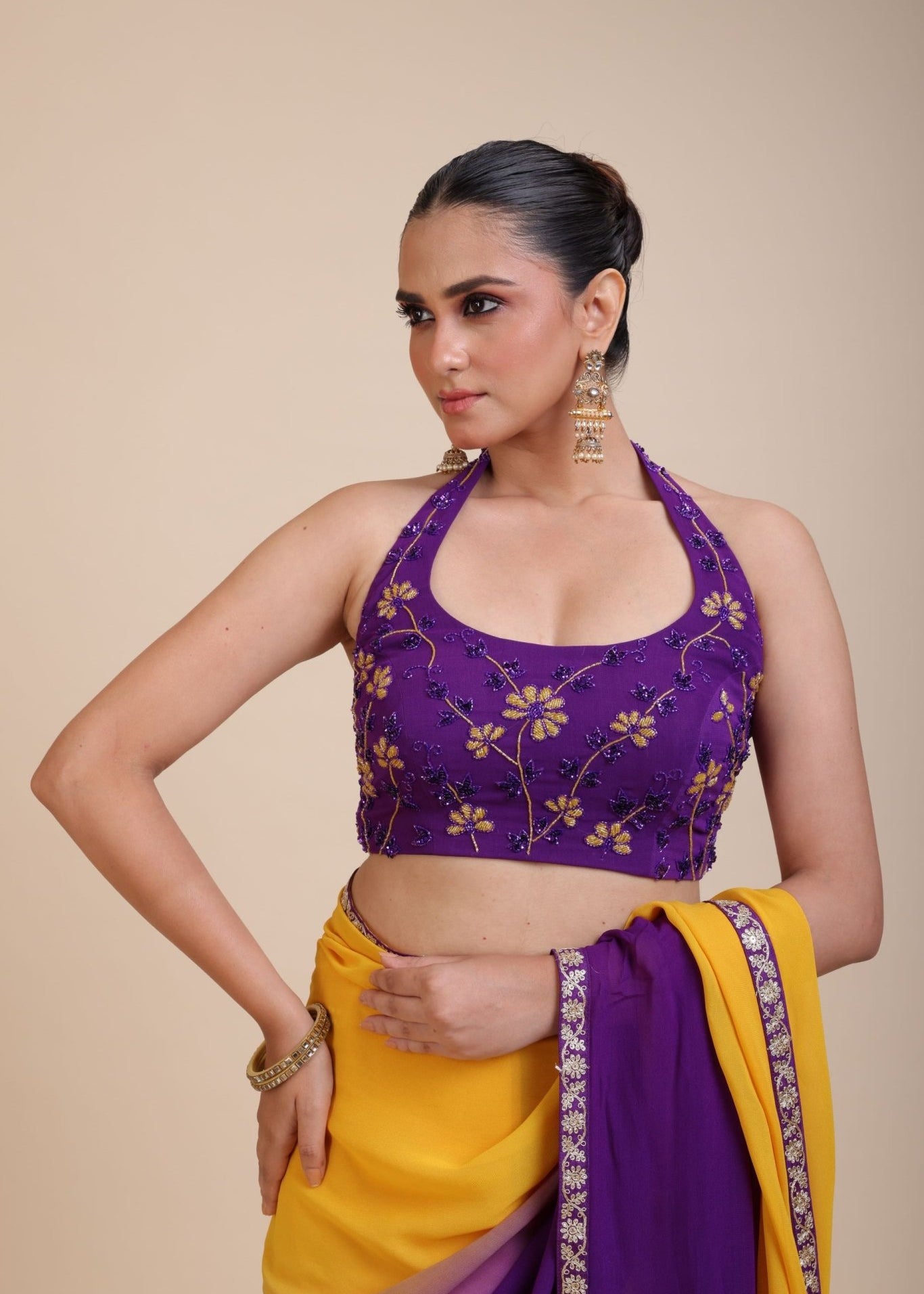 Purple Embroidered Halter Neck Party Wear Blouse - Anvi Couture