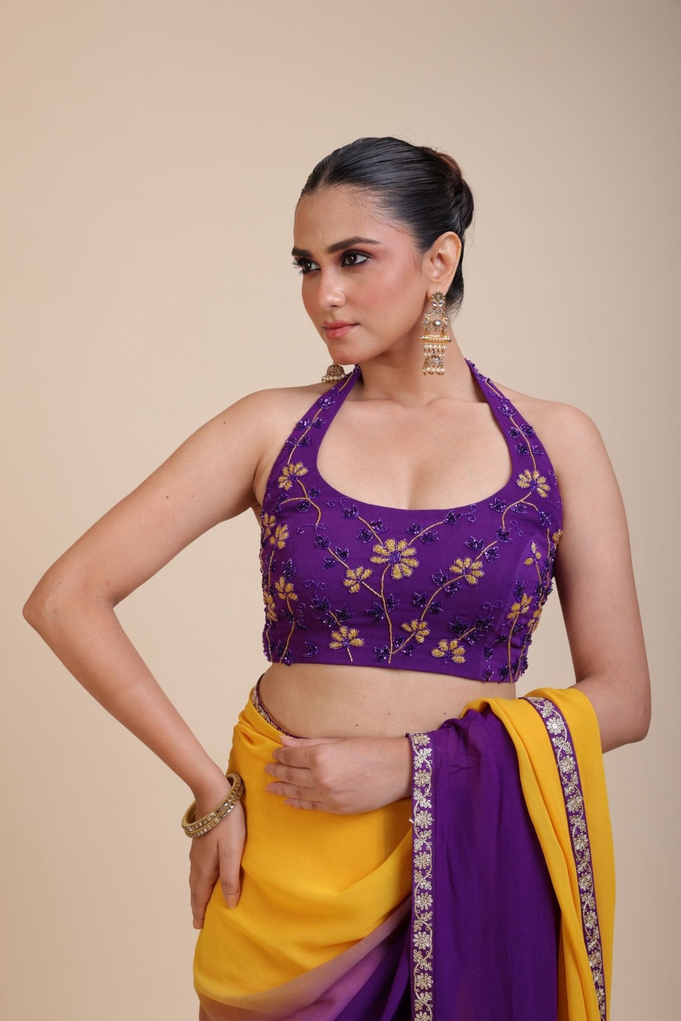 Purple Embroidered Halter Neck Party Wear Blouse - Anvi Couture