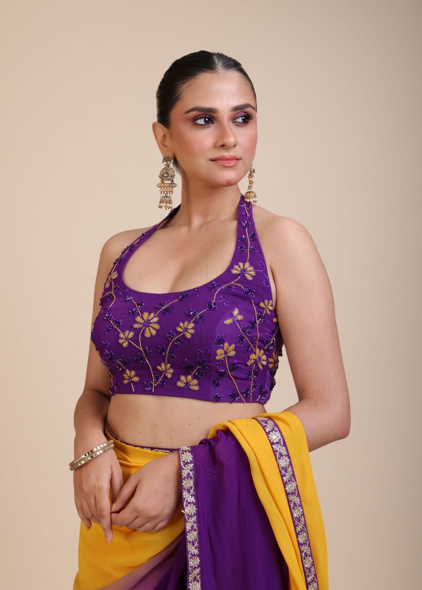 Purple Embroidered Halter Neck Party Wear Blouse - Anvi Couture