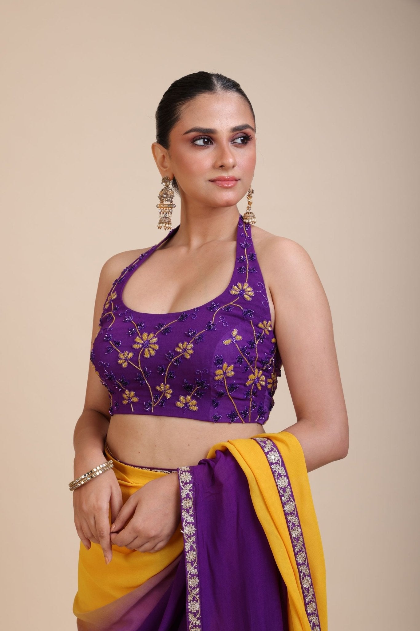 Purple Embroidered Halter Neck Party Wear Blouse - Anvi Couture