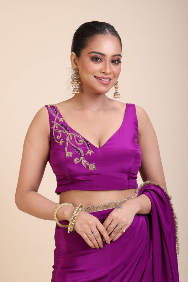 Purple Floral Embroidered Sleeveless blouse - Anvi Couture