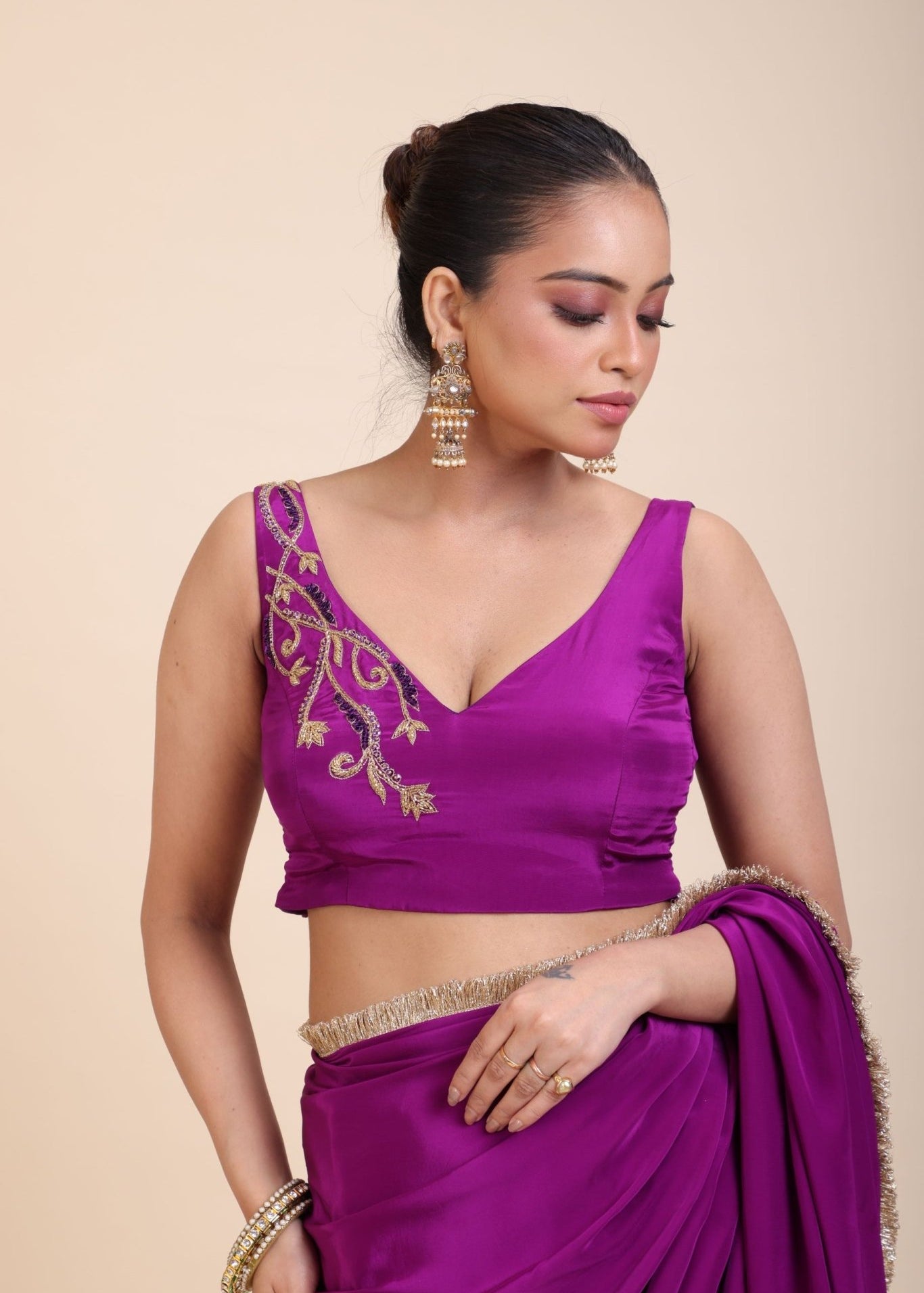 Purple Floral Embroidered Sleeveless blouse - Anvi Couture