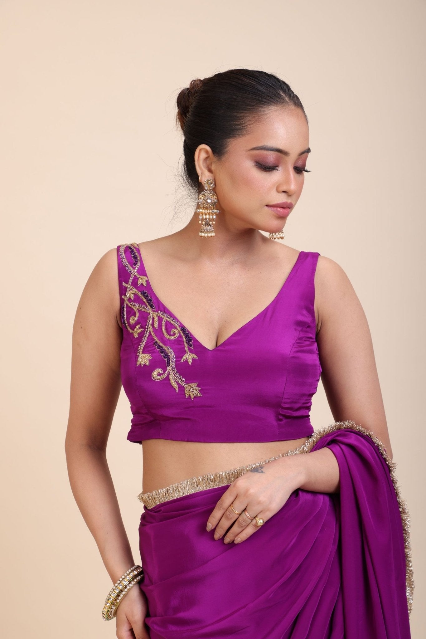 Purple Floral Embroidered Sleeveless blouse - Anvi Couture