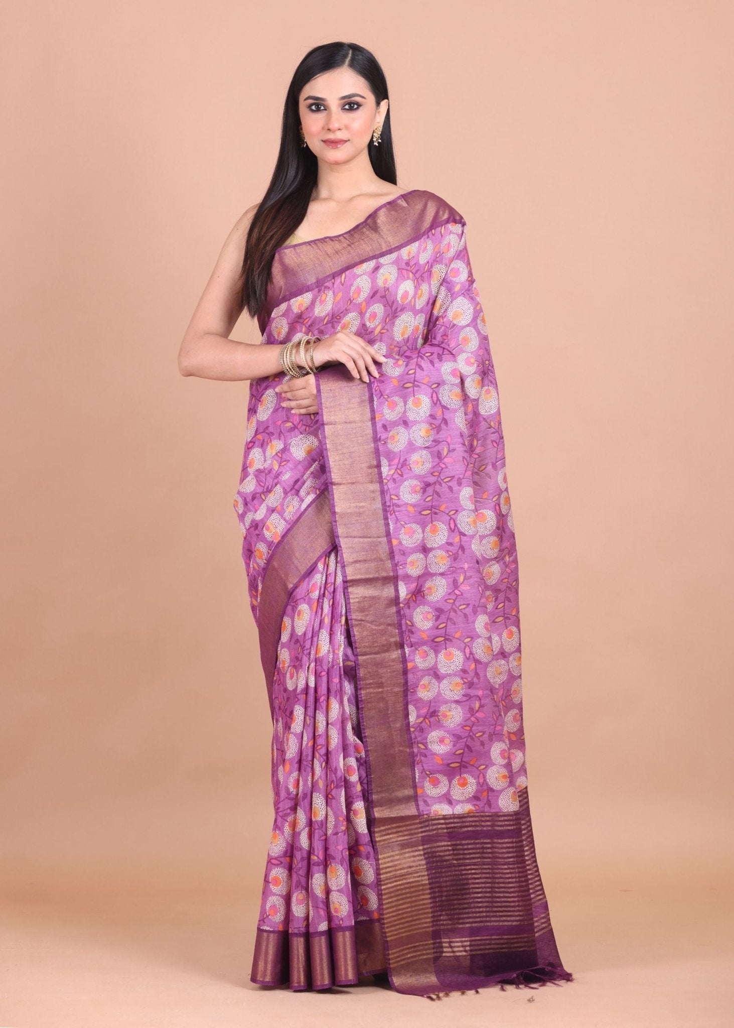 Purple Floral Printed Chanderi Silk Saree With Golden Border and Pallu - Anvi Couture