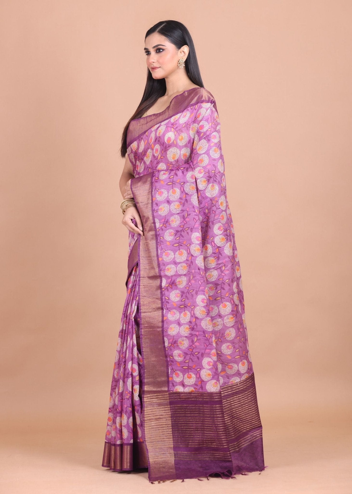 Purple Floral Printed Chanderi Silk Saree With Golden Border and Pallu - Anvi Couture