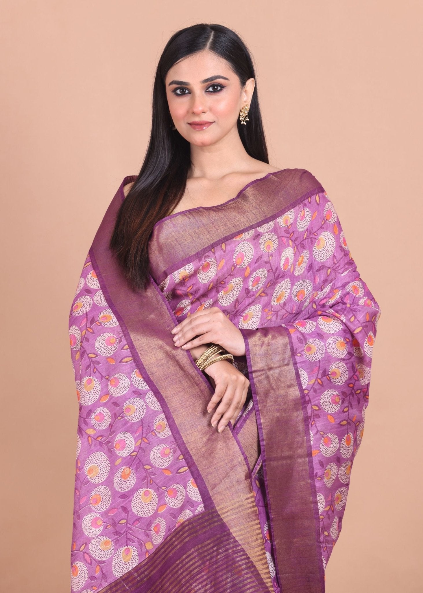 Purple Floral Printed Chanderi Silk Saree With Golden Border and Pallu - Anvi Couture
