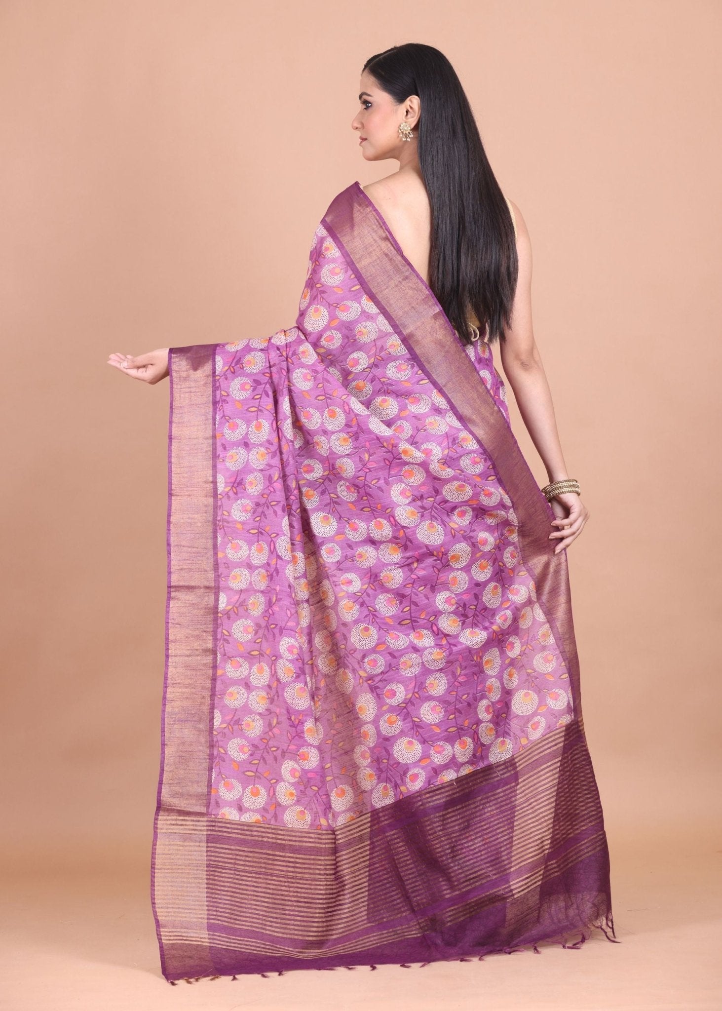 Purple Floral Printed Chanderi Silk Saree With Golden Border and Pallu - Anvi Couture