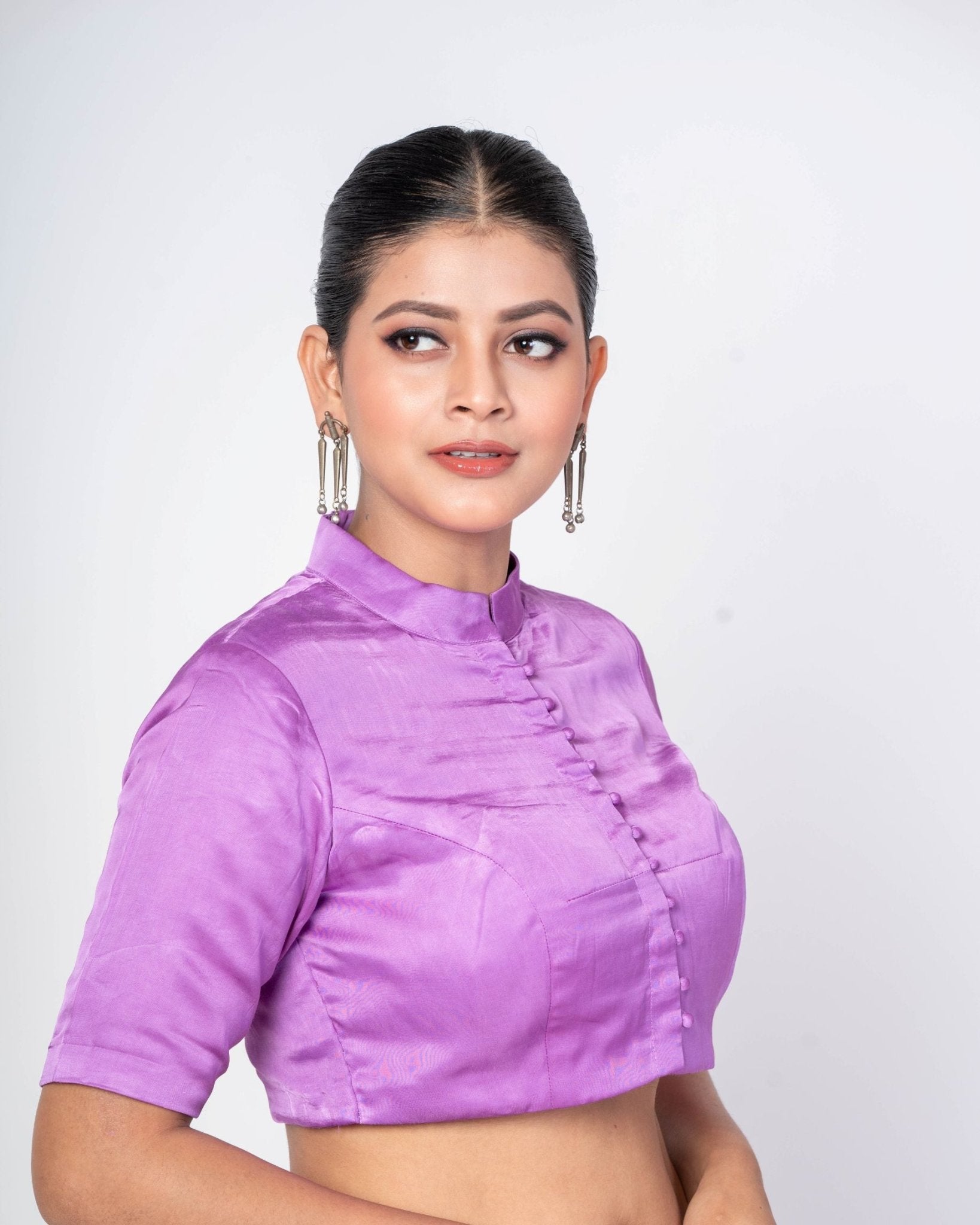 Purple Half Sleeves High Neck Satin Silk Blouse With Back Closure - Anvi Couture