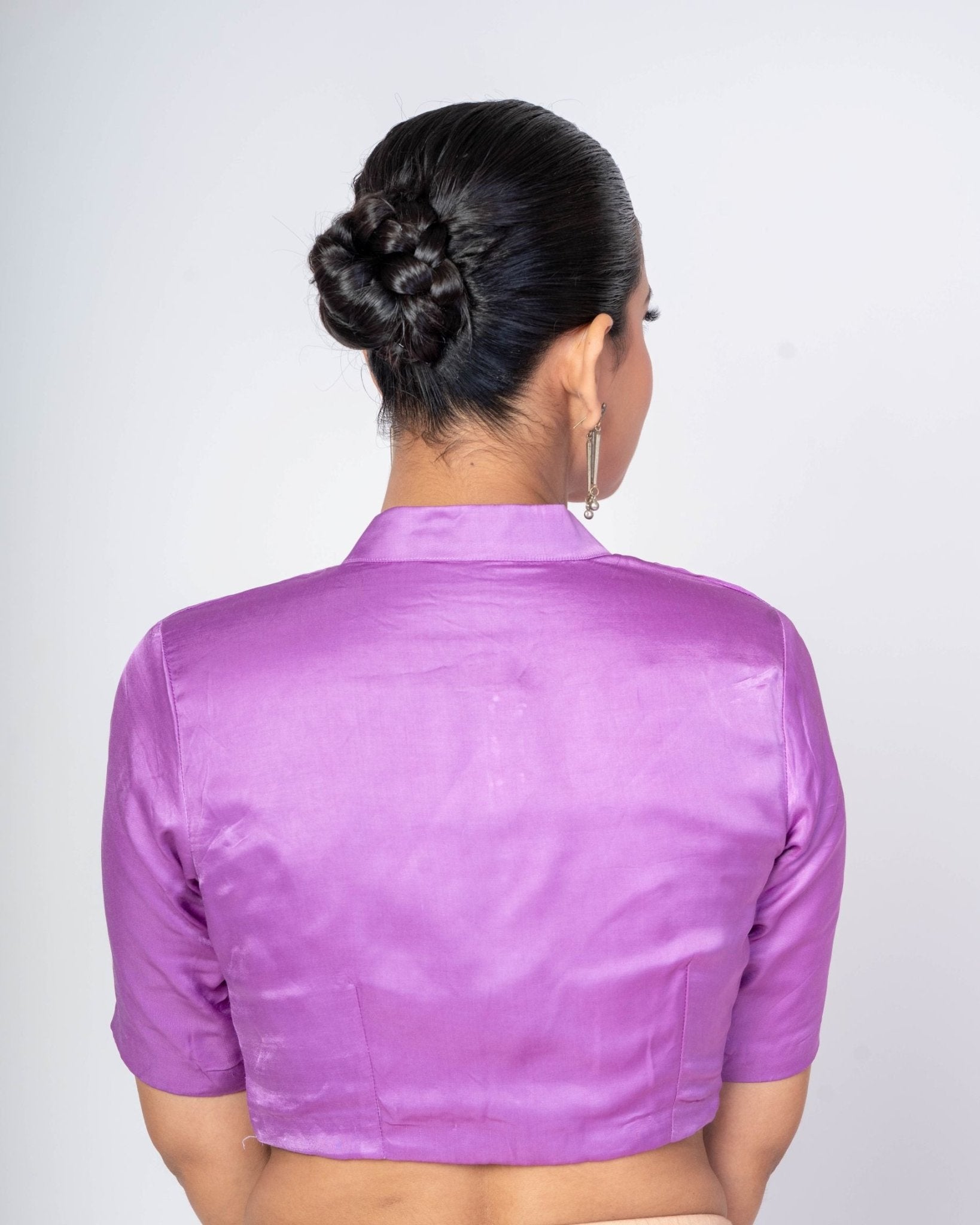 Purple Half Sleeves High Neck Satin Silk Blouse With Back Closure - Anvi Couture