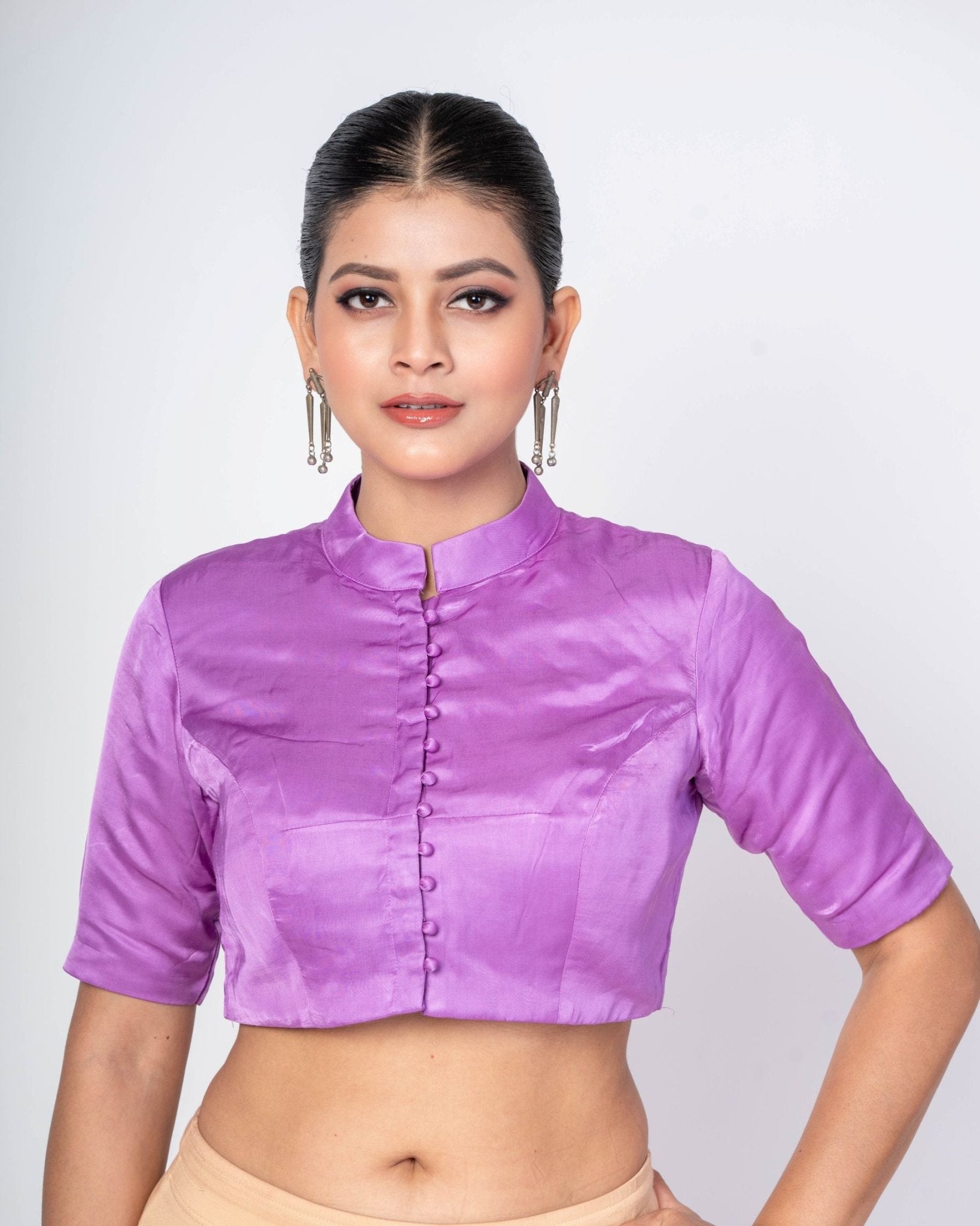 Purple Half Sleeves High Neck Satin Silk Blouse With Back Closure - Anvi Couture