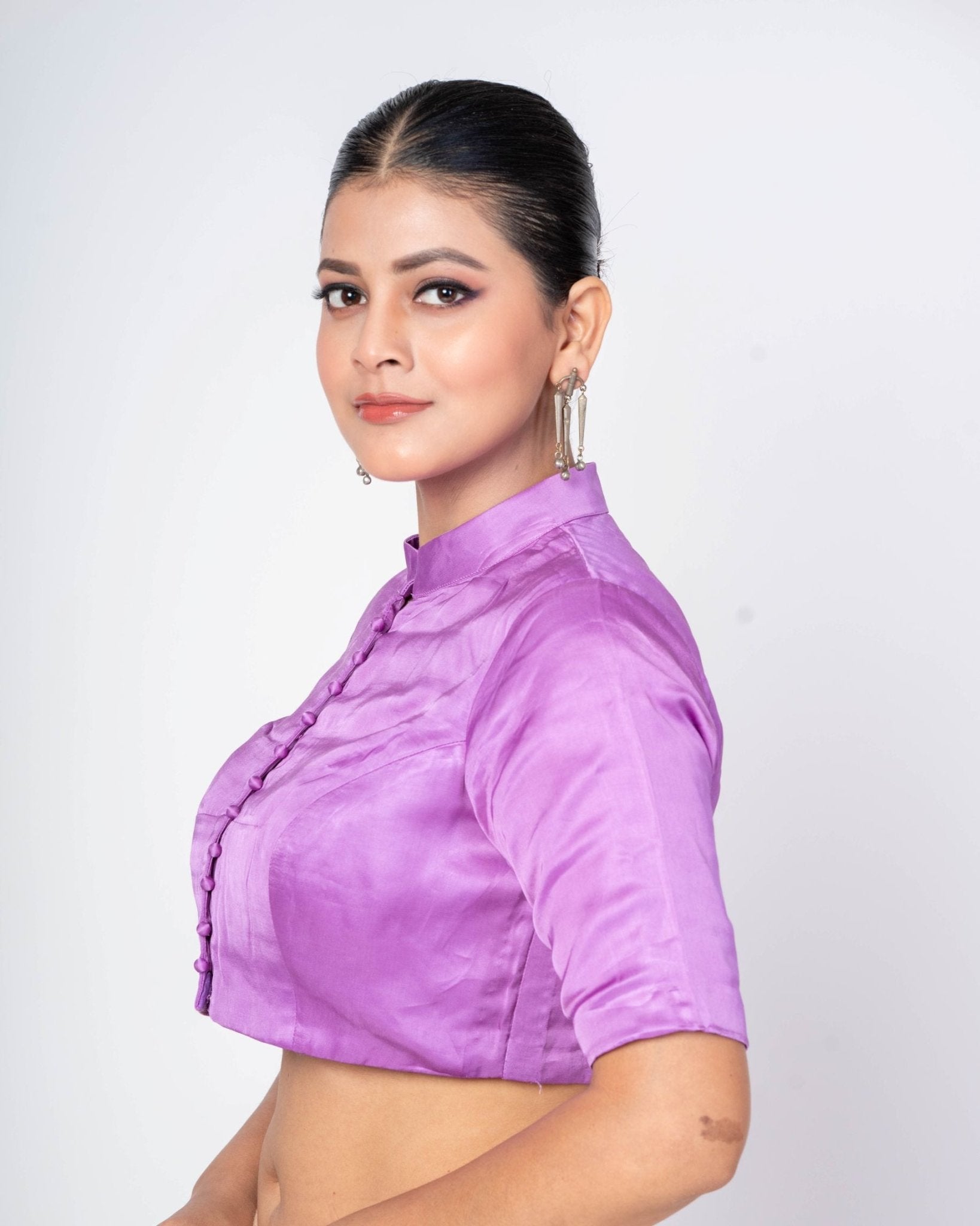 Purple Half Sleeves High Neck Satin Silk Blouse With Back Closure - Anvi Couture