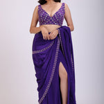 Purple Hand Embroidered Pre Drape Designer Saree Set full