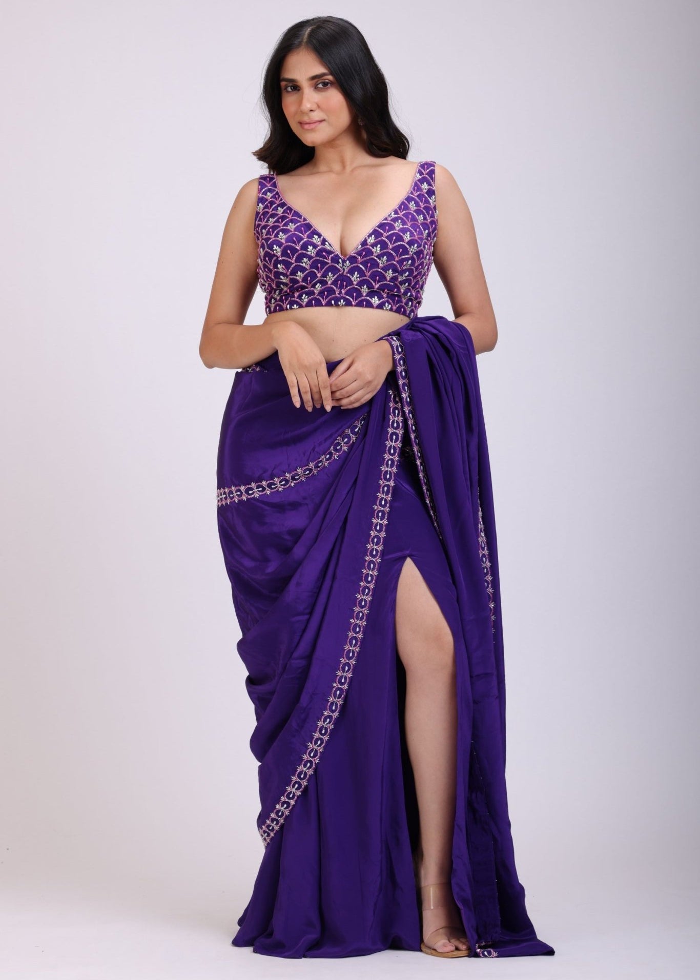 Purple Hand Embroidered Pre Drape Designer Saree Set - Anvi Couture