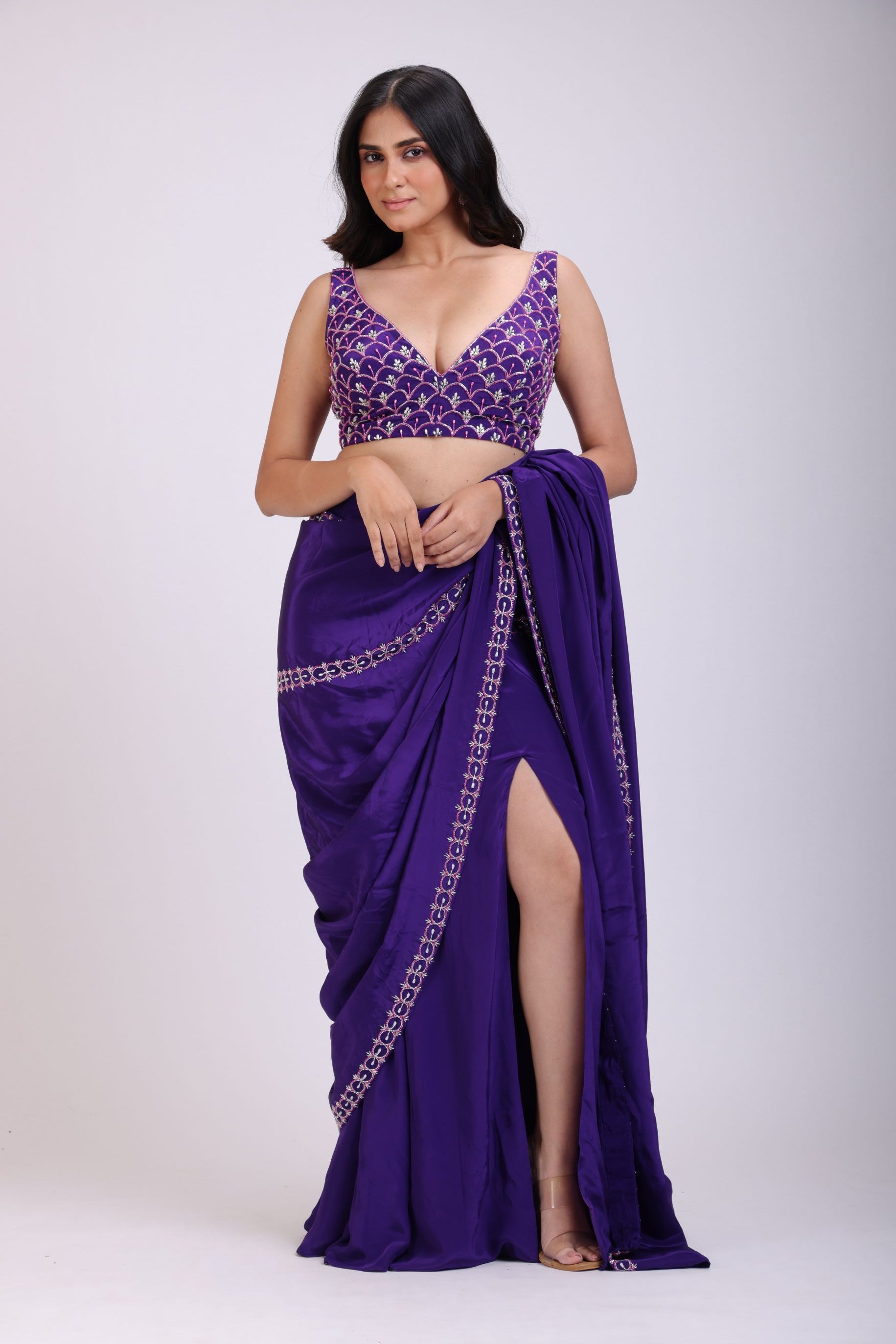 Purple Hand Embroidered Pre Drape Designer Saree Set full