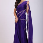 Purple Hand Embroidered Pre Drape Designer Saree Set front