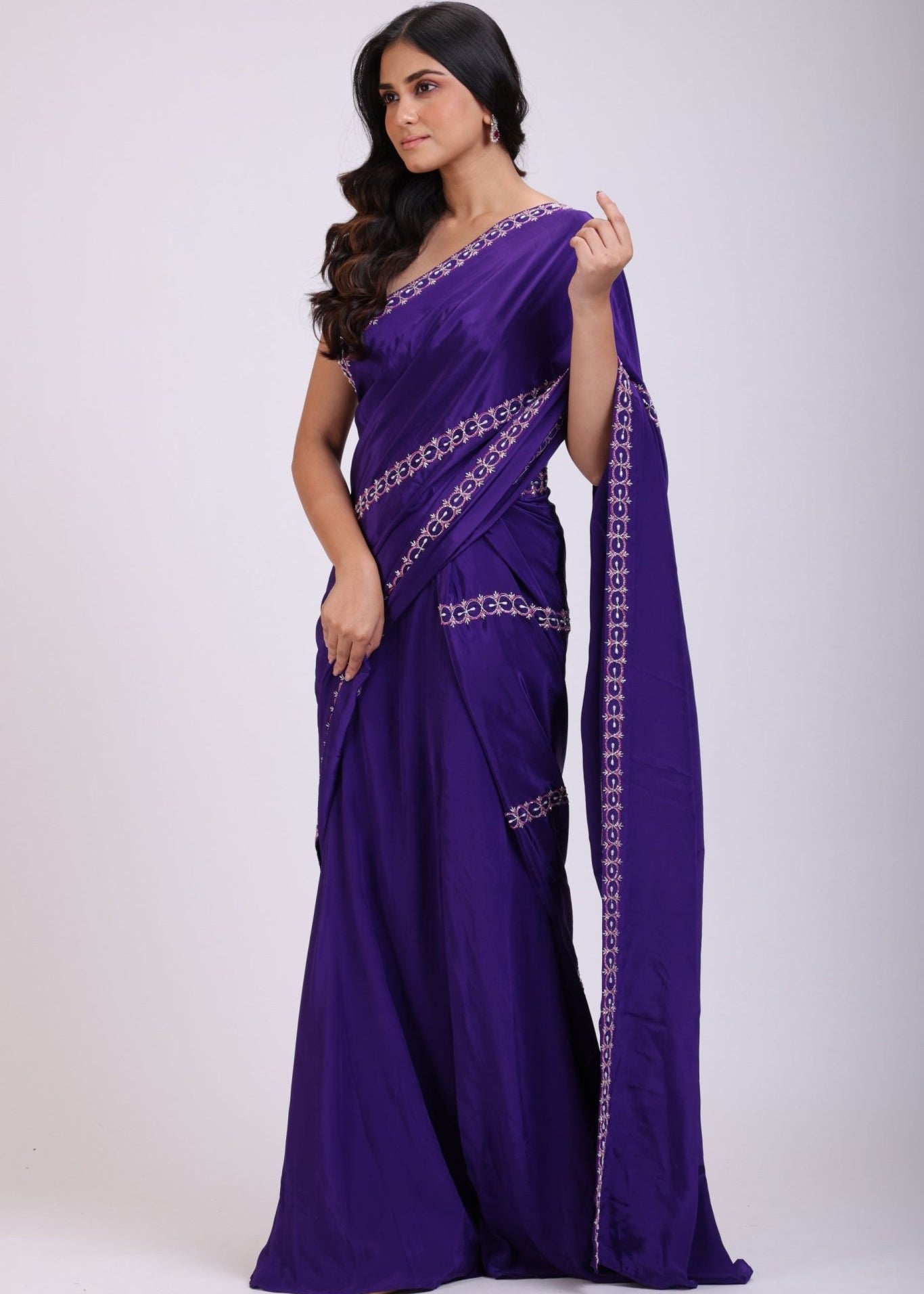 Purple Hand Embroidered Pre Drape Designer Saree Set - Anvi Couture