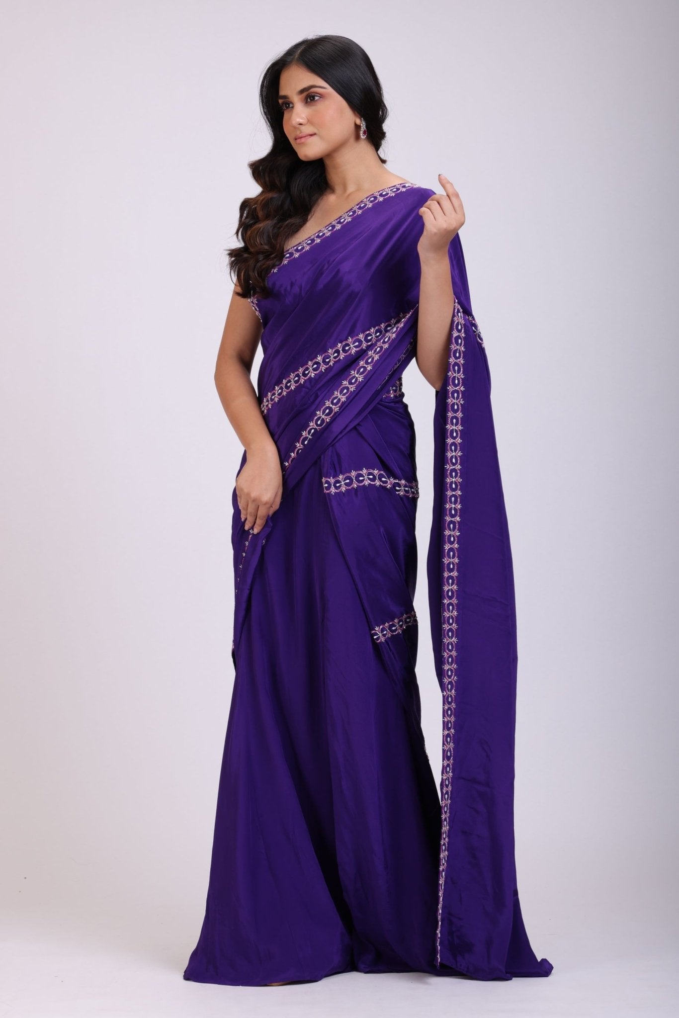 Purple Hand Embroidered Pre Drape Designer Saree Set - Anvi Couture