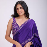 Purple Hand Embroidered Pre Drape Designer Saree Set close up