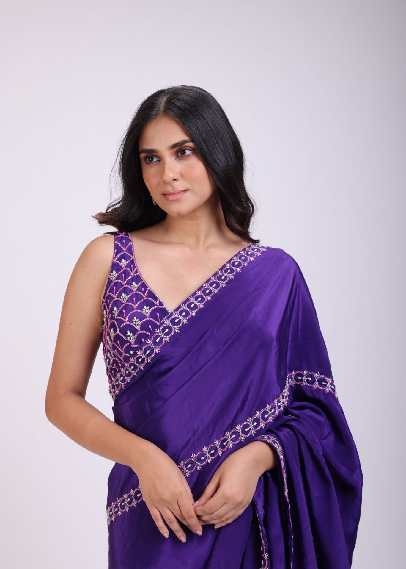 Purple Hand Embroidered Pre Drape Designer Saree Set - Anvi Couture