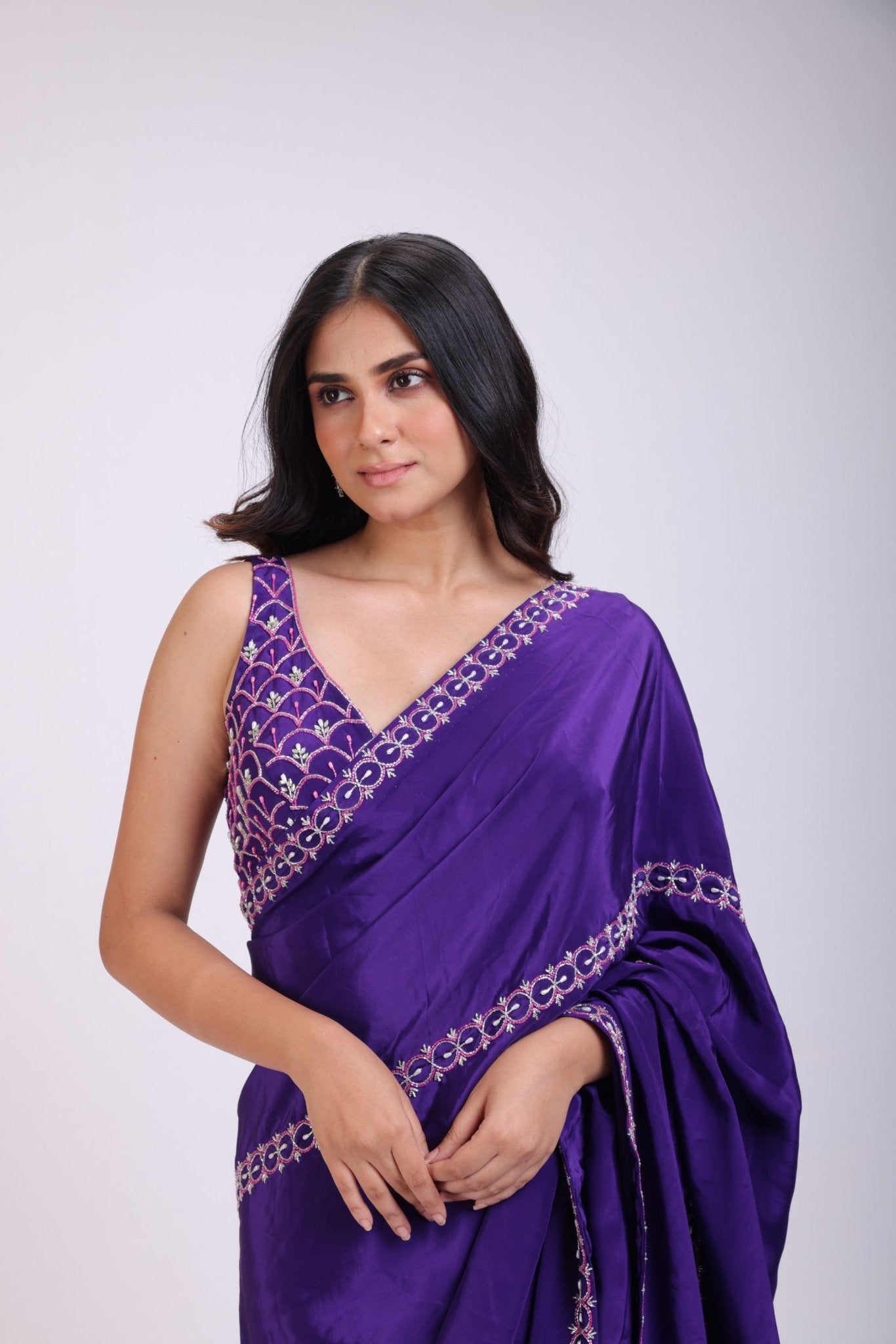 Purple Hand Embroidered Pre Drape Designer Saree Set - Anvi Couture