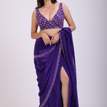 Purple Hand Embroidered Pre Drape Designer Saree Set side