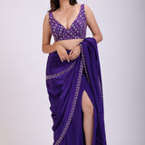 Purple Hand Embroidered Pre Drape Designer Saree Set side