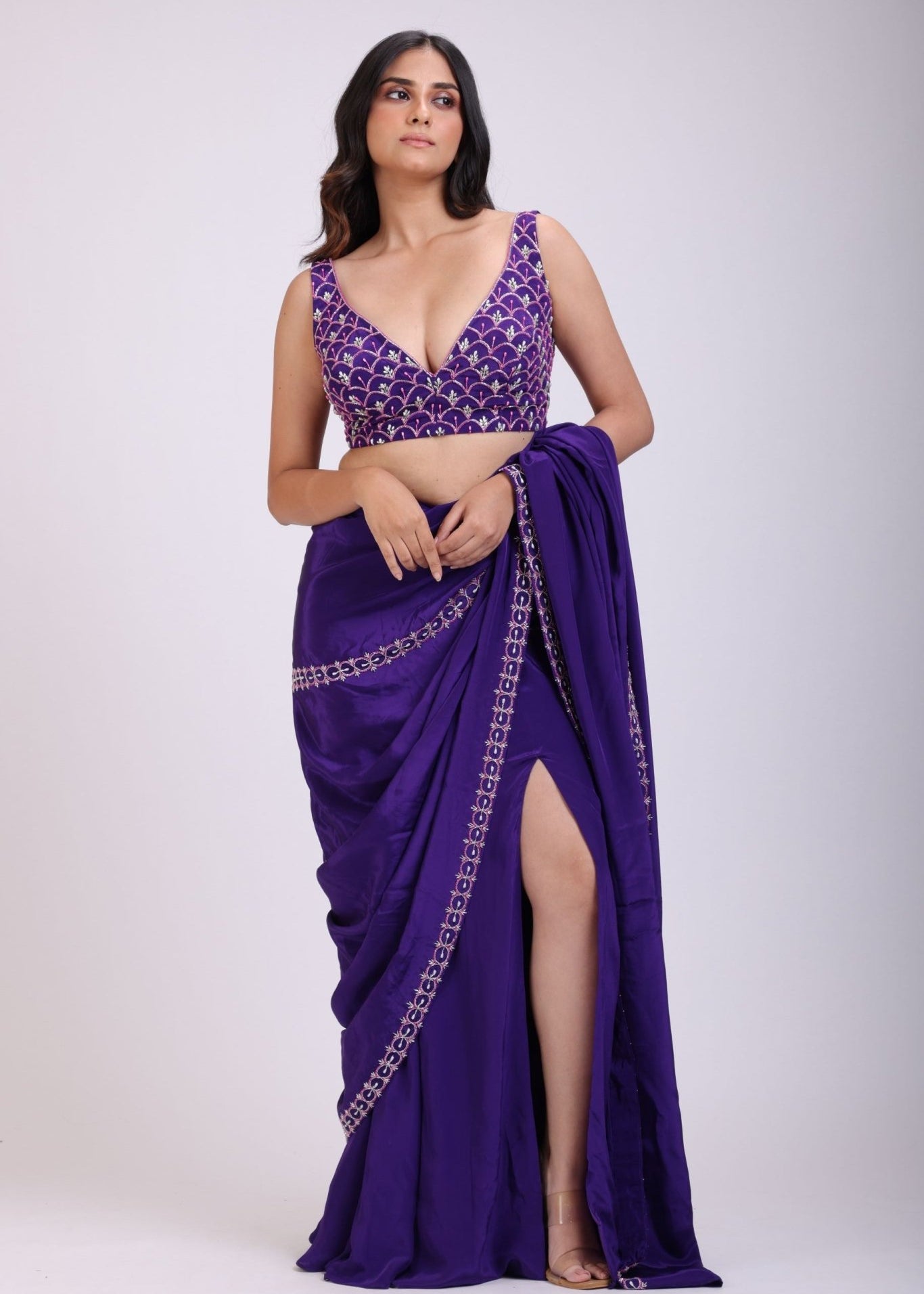 Purple Hand Embroidered Pre Drape Designer Saree Set - Anvi Couture