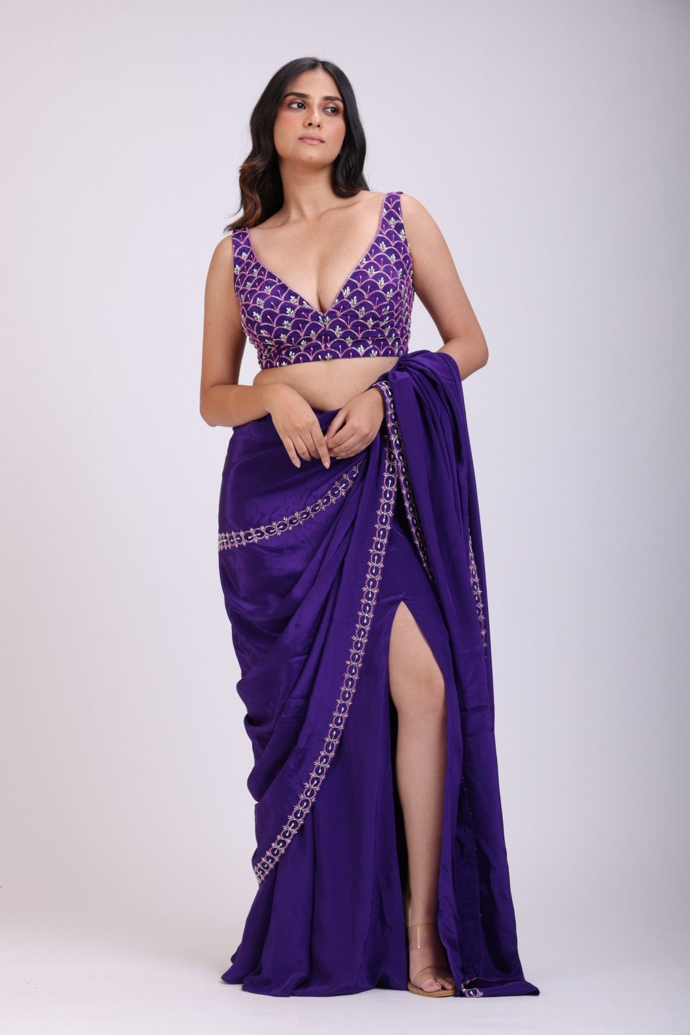 Purple Hand Embroidered Pre Drape Designer Saree Set - Anvi Couture