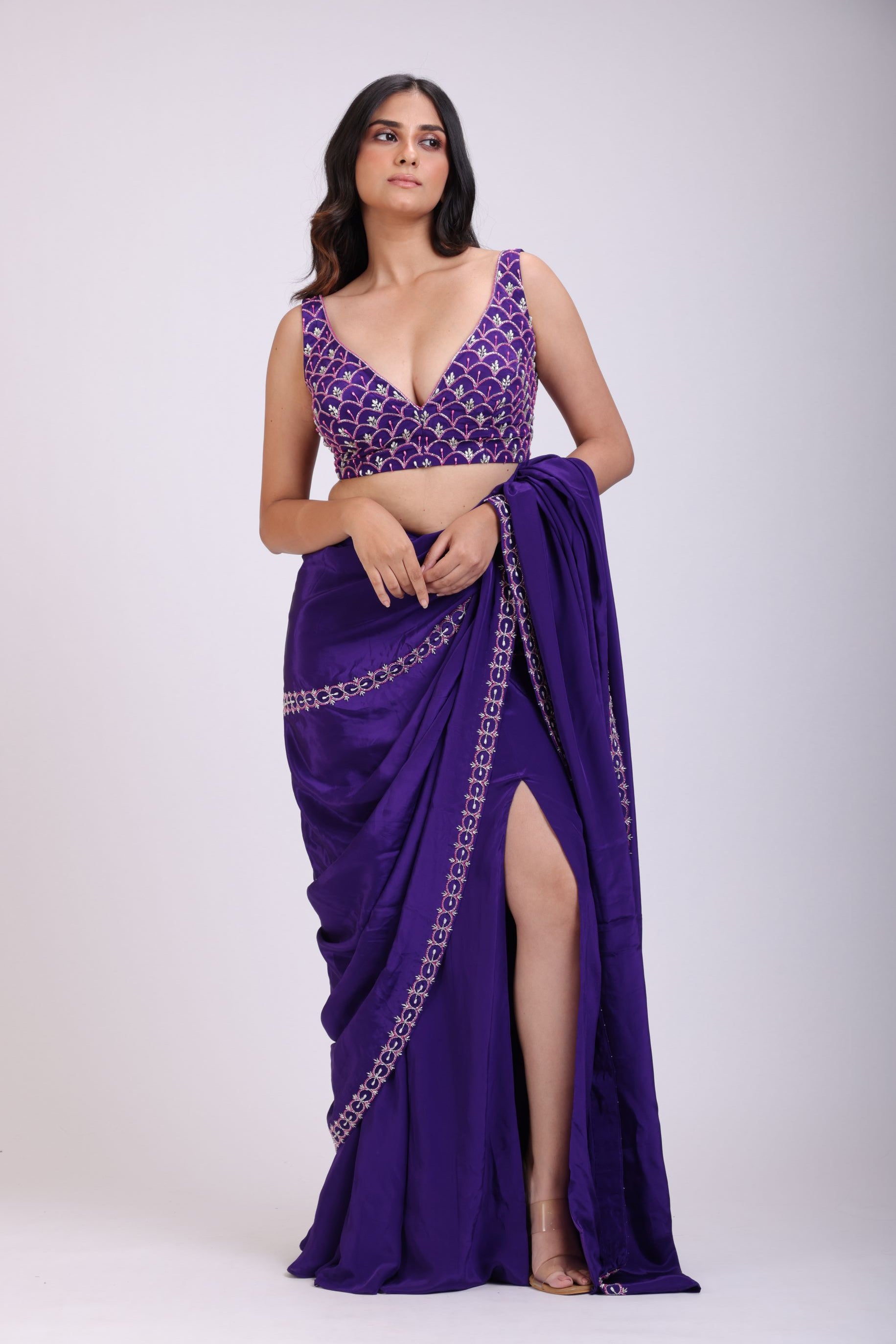 Purple Hand Embroidered Pre Drape Designer Saree Set side