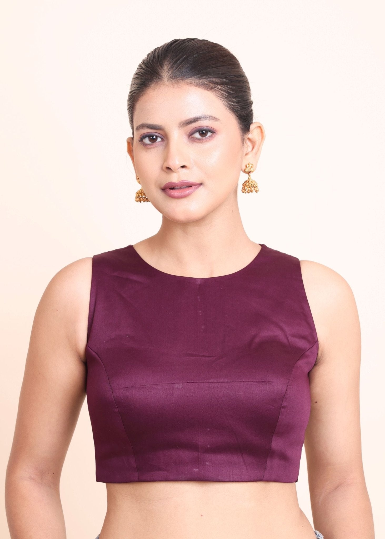 Purple High Neck Sleeveless Blouse with Back Button Closer - Anvi Couture
