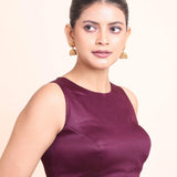 Purple High Neck Sleeveless Blouse with Back Button Closer close up