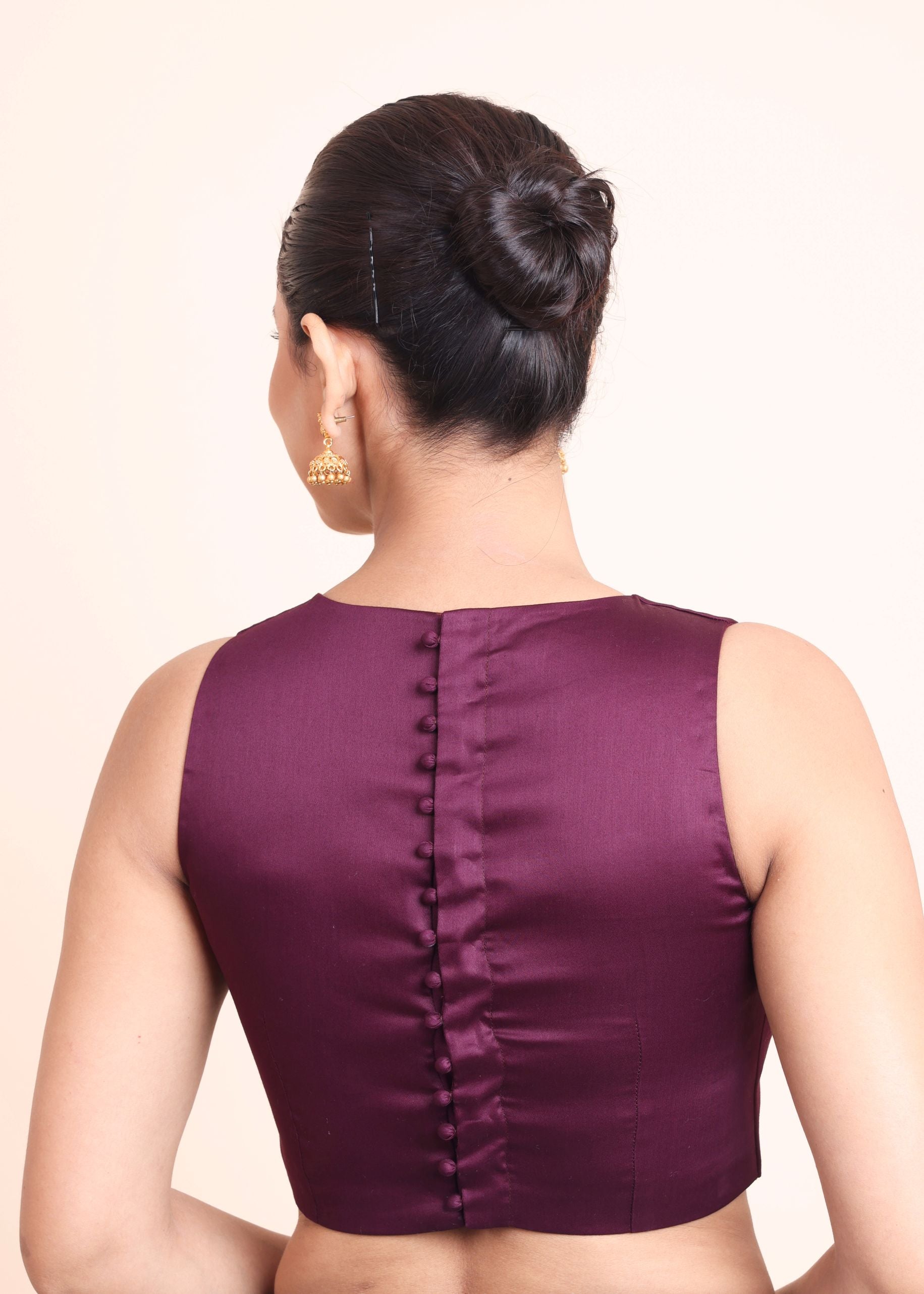 Purple High Neck Sleeveless Blouse with Back Button Closer back