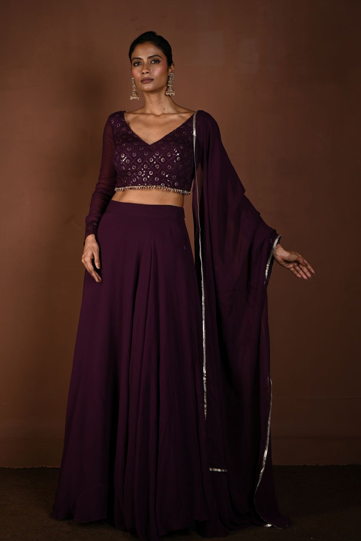Purple Lehenga with Sequin Work Full Sleeve Choli and Matching Dupatta 