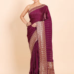 Purple Mashru Silk Saree with Golden Woven Border and Pallu with Hand Embroidery Full