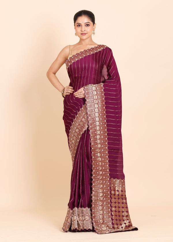 Purple Mashru Silk Saree with Golden Woven Border and Pallu with Hand Embroidery Full