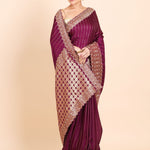 Purple Mashru Silk Saree with Golden Woven Border and Pallu with Hand Embroidery Front