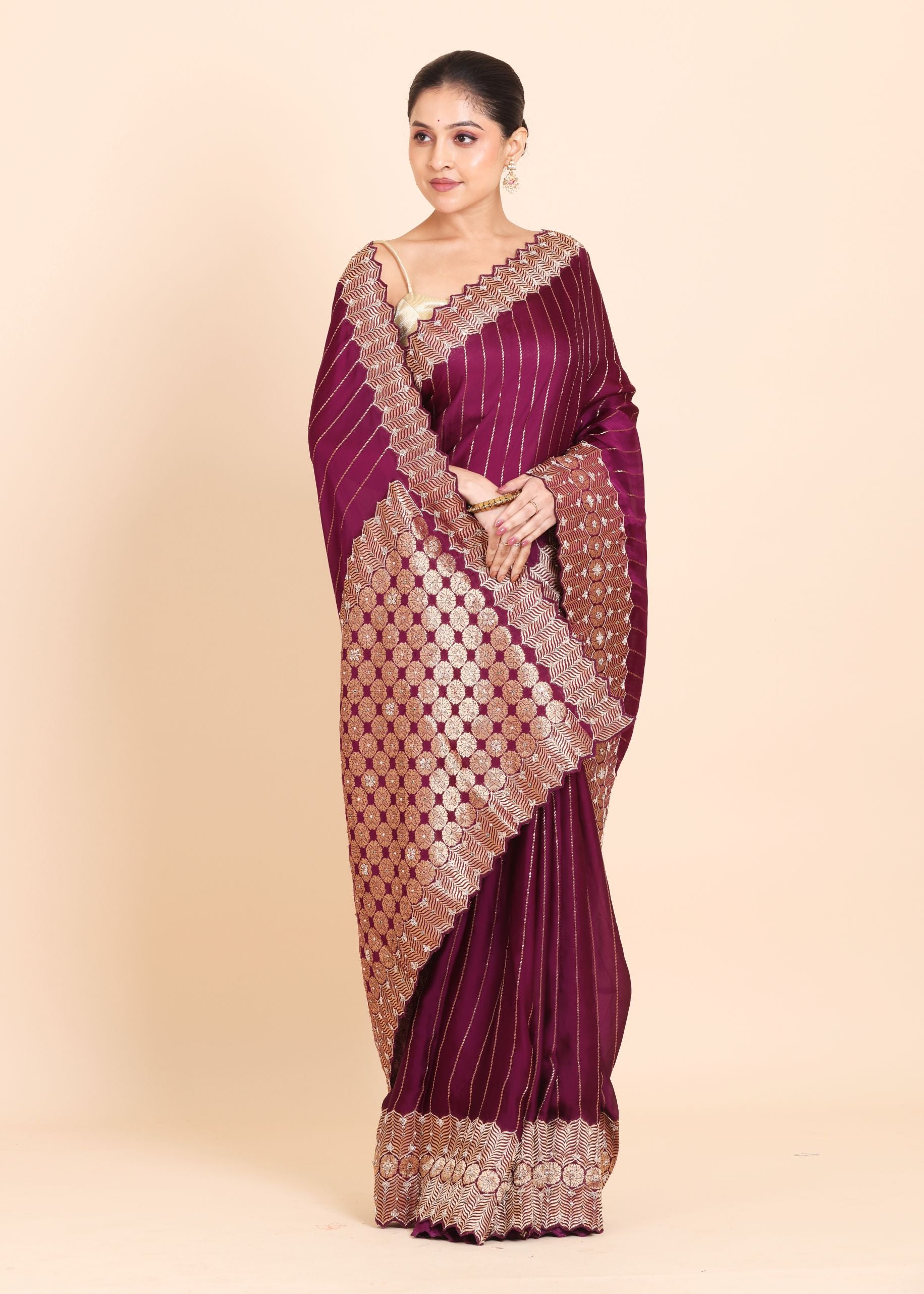 Purple Mashru Silk Saree with Golden Woven Border and Pallu with Hand Embroidery Front