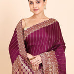 Purple Mashru Silk Saree with Golden Woven Border and Pallu with Hand Embroidery Close Up