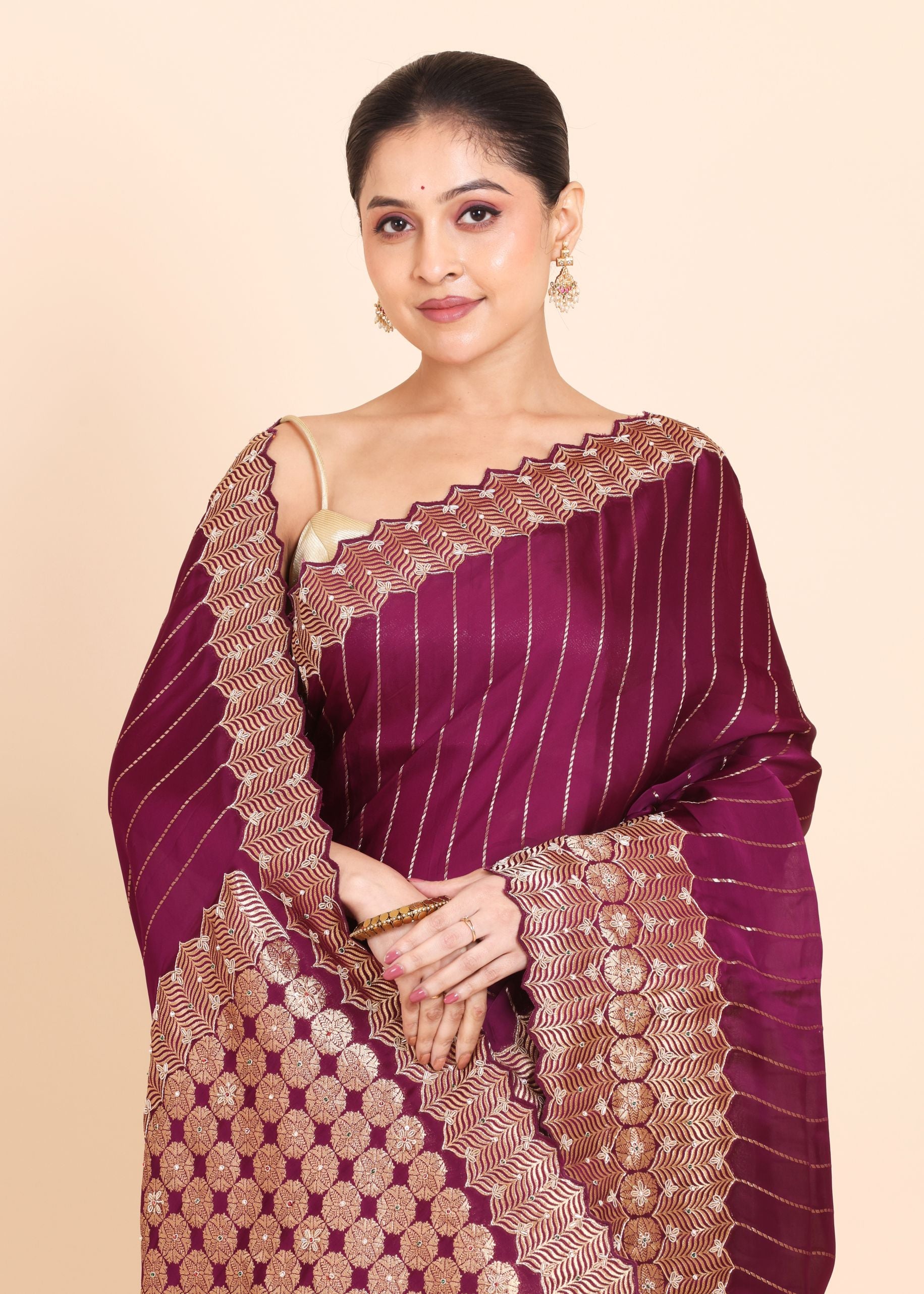 Purple Mashru Silk Saree with Golden Woven Border and Pallu with Hand Embroidery Close Up