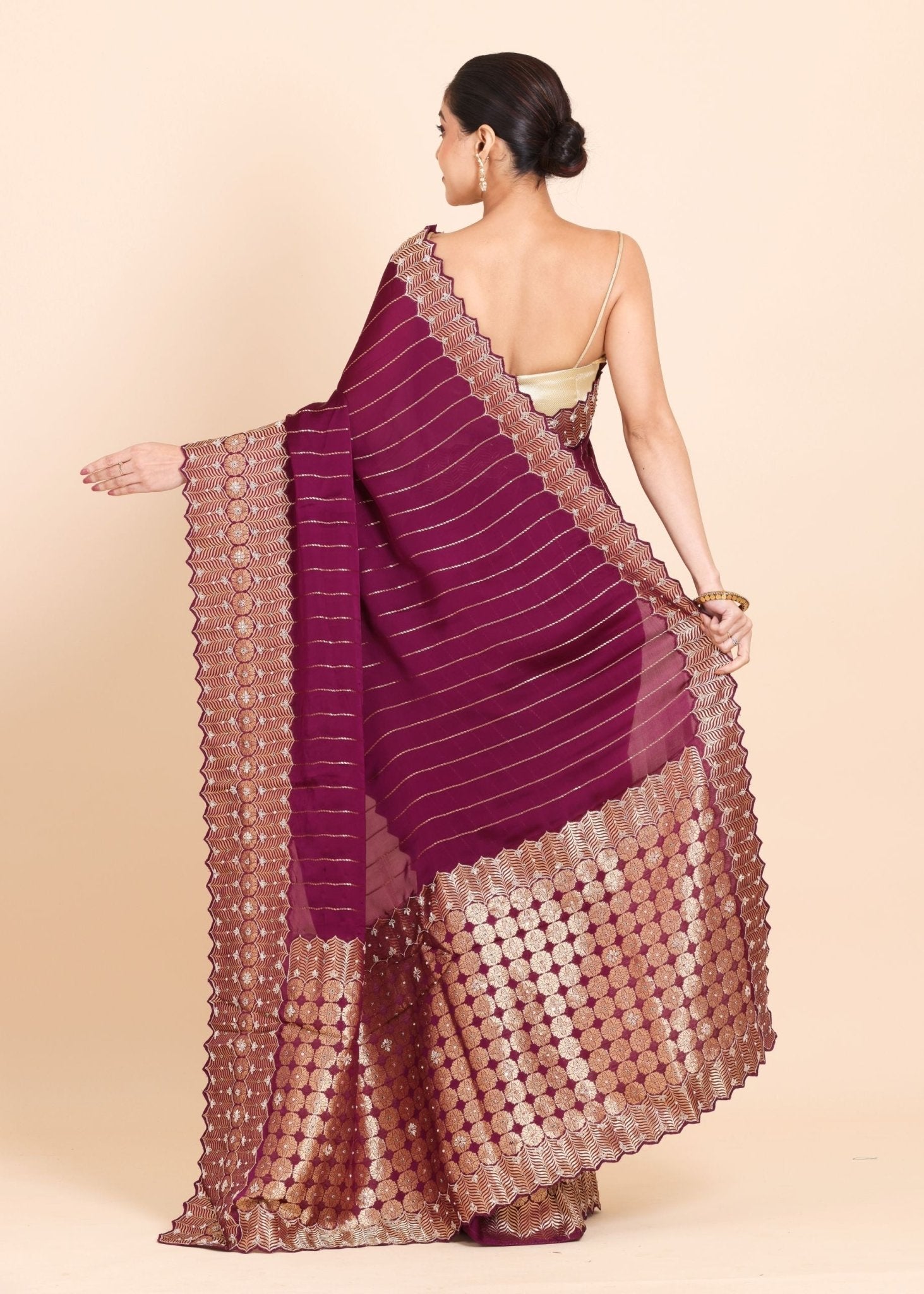 Purple Mashru Silk Saree with Golden Woven Border and Pallu with Hand Embroidery - Anvi Couture