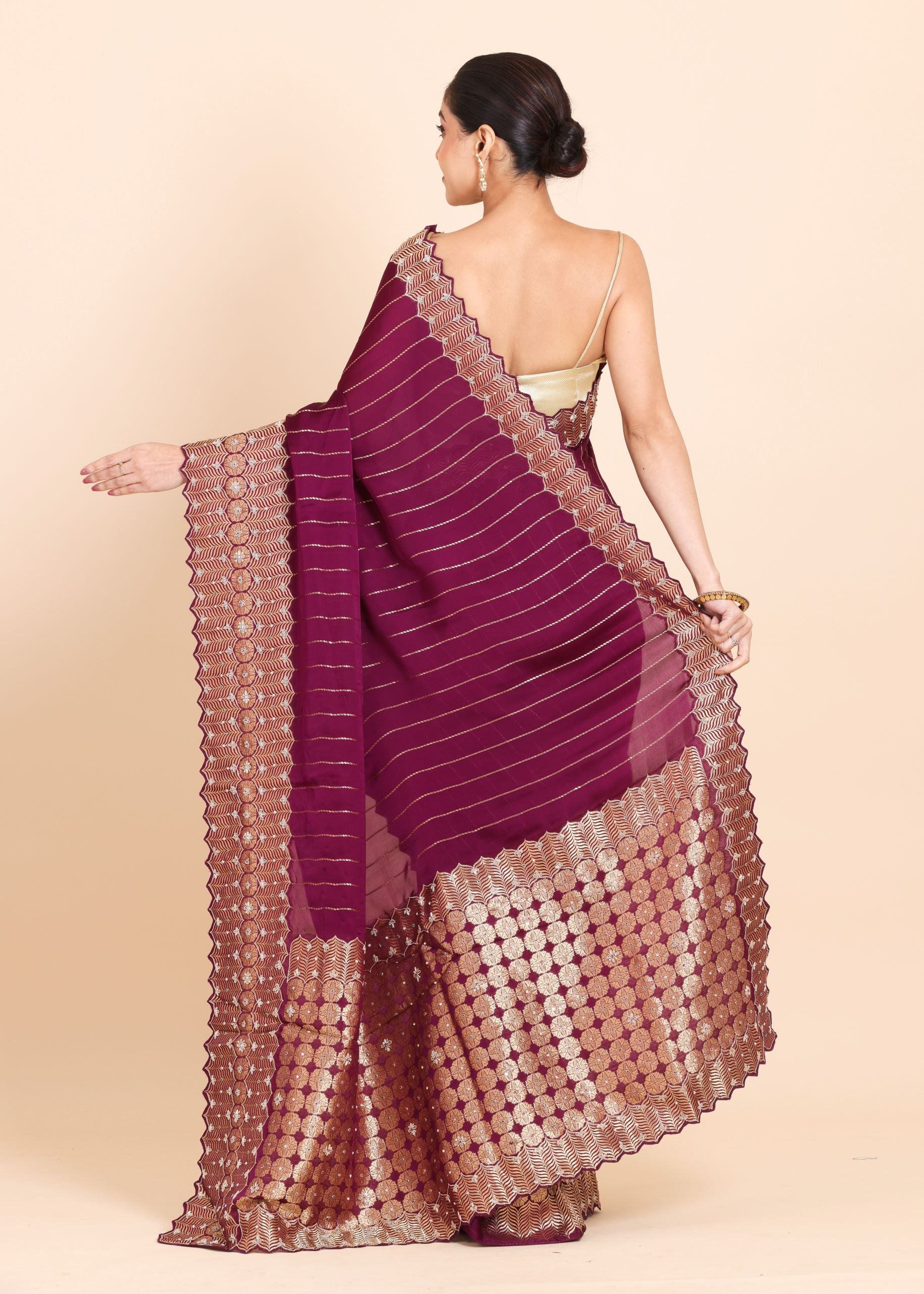 Purple Mashru Silk Saree with Golden Woven Border and Pallu with Hand Embroidery Back