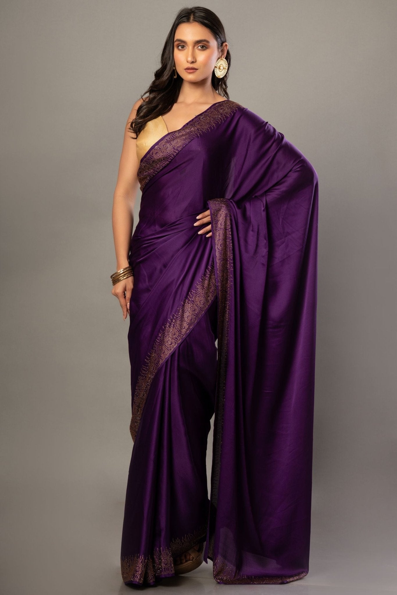 Purple Satin Silk Saree With Sequin Border - Anvi Couture